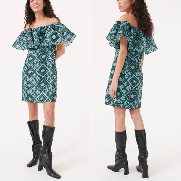 NWOT Baum Und Pferdgarten Alice Geo Print Off Shoulder Mini Dress Green/Blue M - Picture 1 of 15